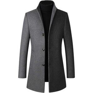 Men's Gray Wool Blend Slim Fit Top Coat Single Breasted Business  Trench Coat